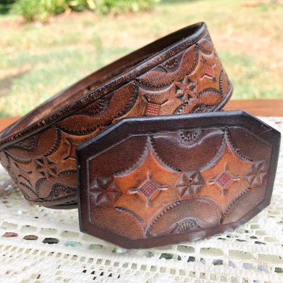 tooled leather belt buckle